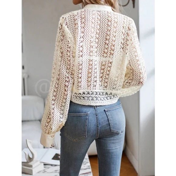 Hollow Out Knit Crochet Guipure Crop Shirt Long Sleeve Button Up Front - Picture 4 of 12